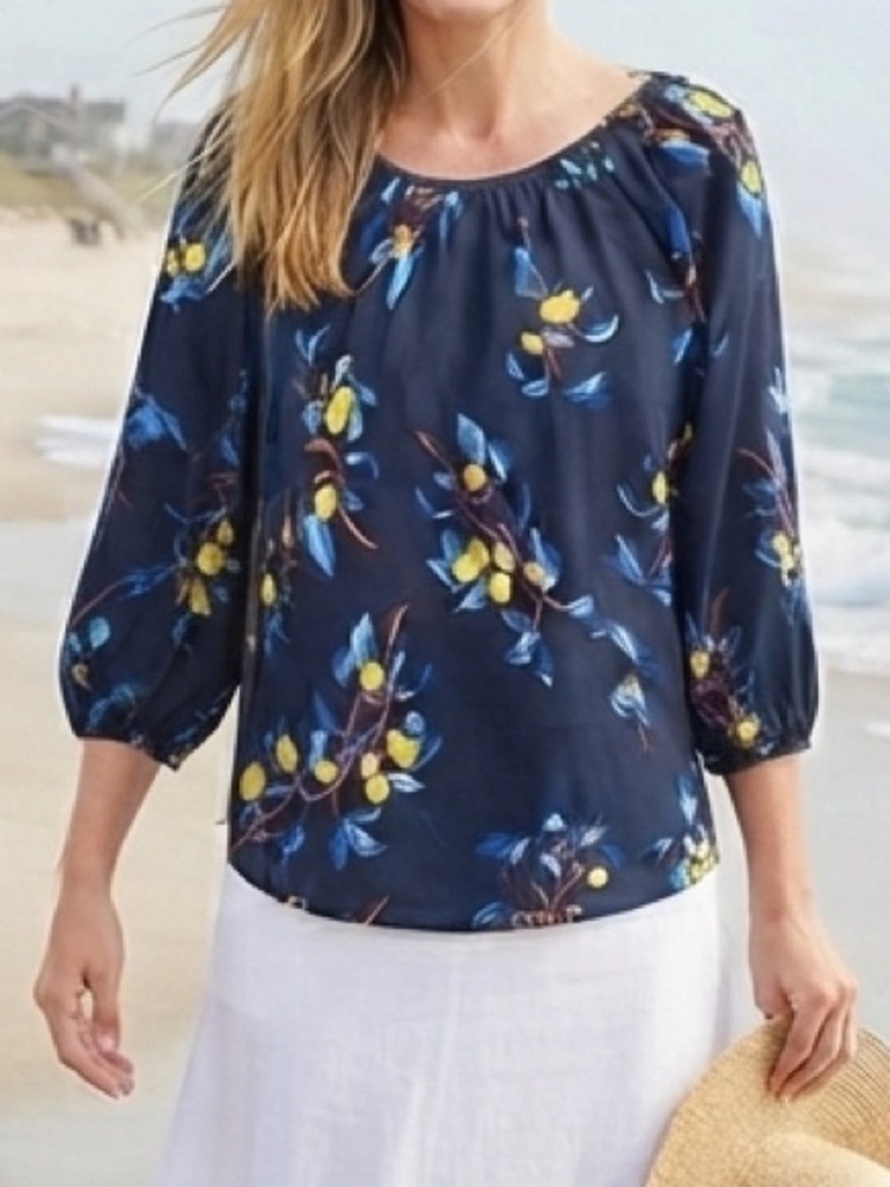 Ann Taylor Lemon Print Navy Blouse L Cottagecore Coastal Grandma Summer Resort
